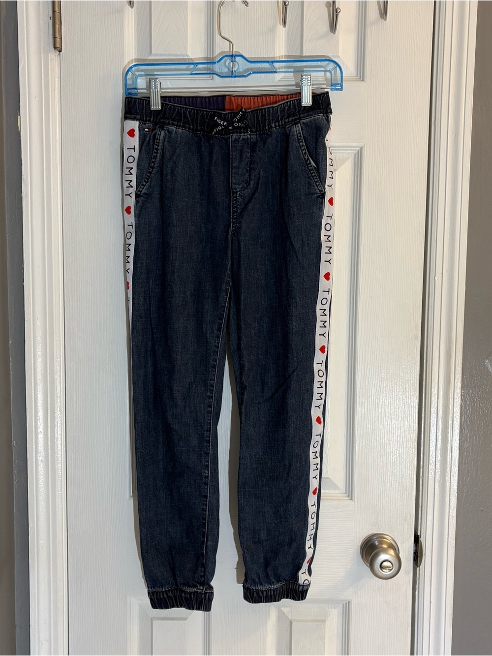 Tommy Hilfiger Girls Denim Joggers Size 12 Dark Wash Love Hearts Logo Taping.